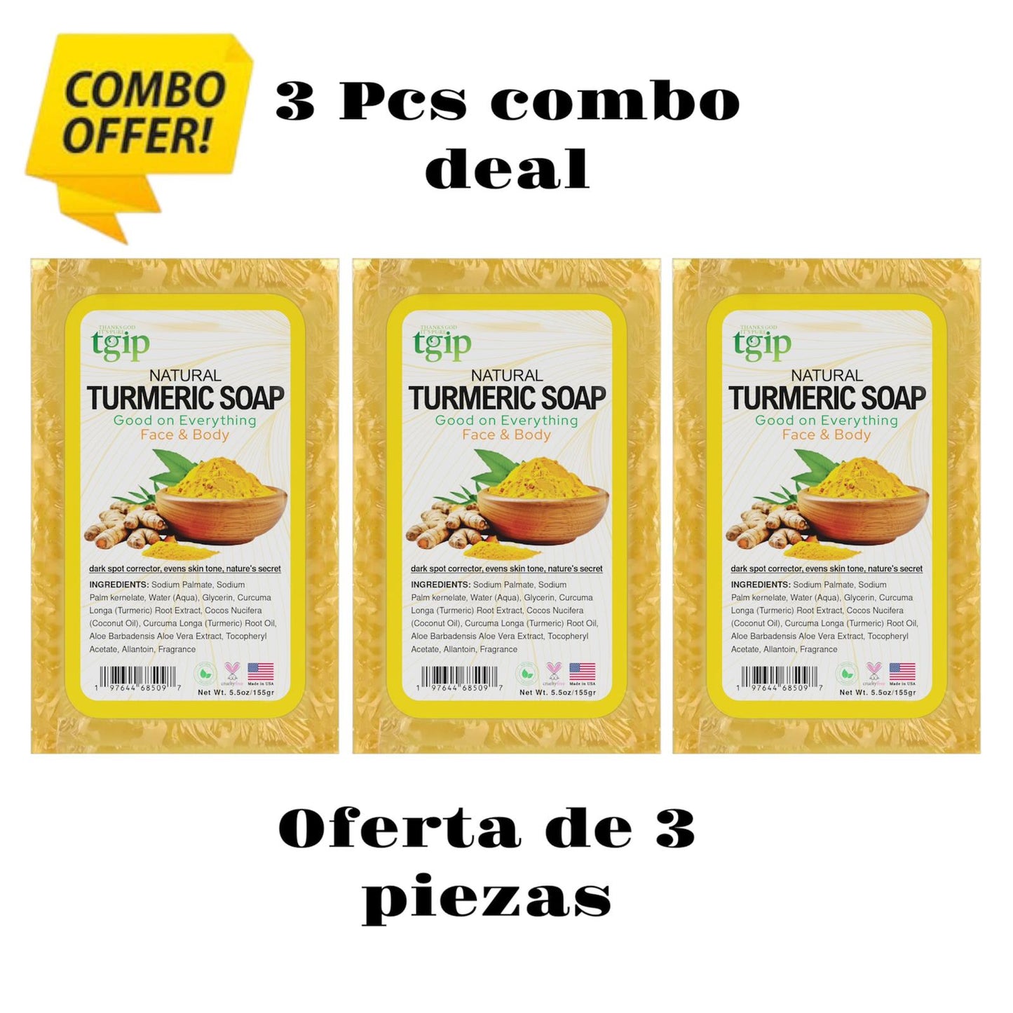 3pcs Deal , TGIP Naturals Turmeric Soap Bar Brightening and Moisturizing Bar Soap for Face and Body, 5.5 oz